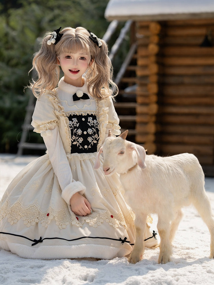 Beige Floral Embroidery Bodice Long Sleeves Lolita Dress Plush Neckline and Cuffs