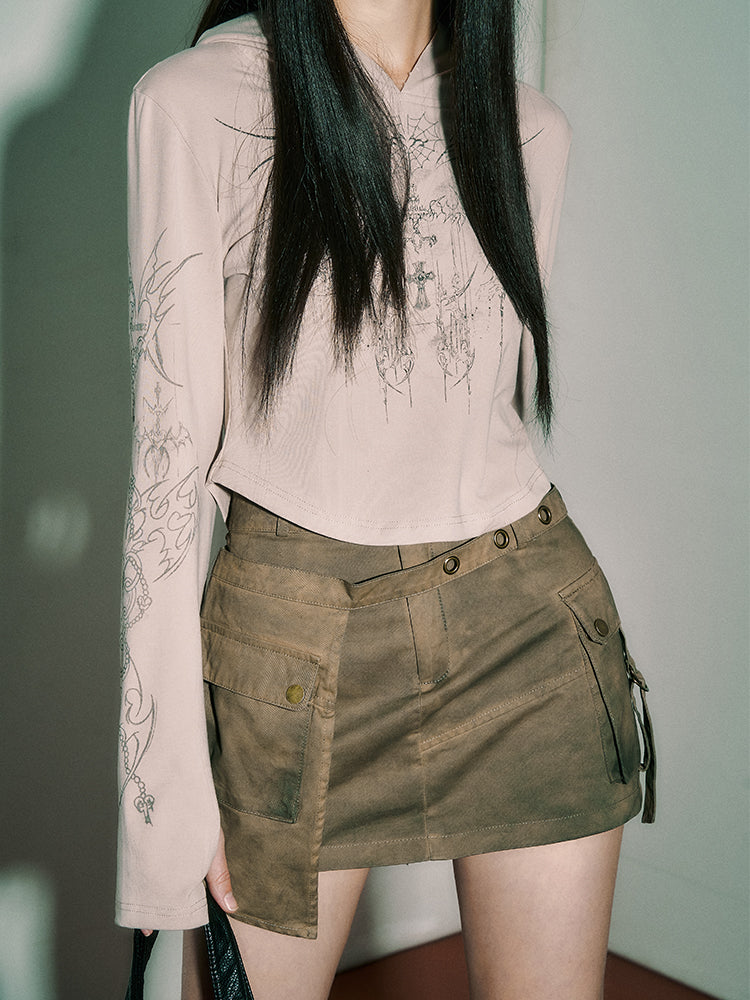 Punk Rock Cross and Spiderweb Print Camel Sun Protection Hooded Top