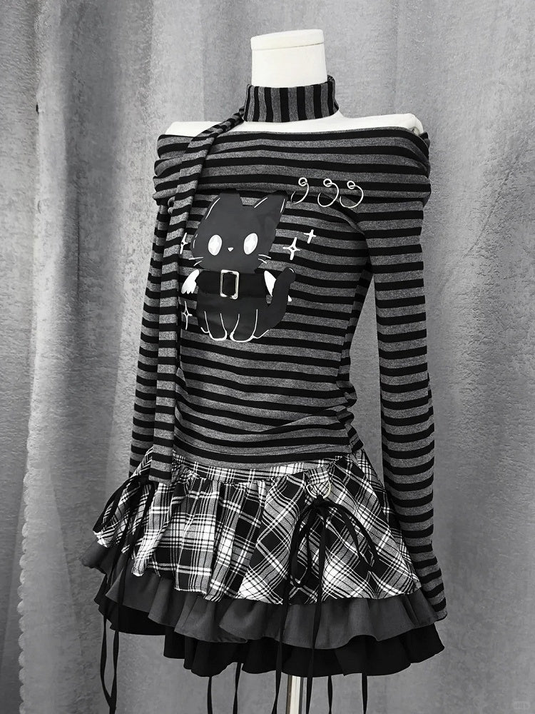 Y2K Black and White Plaid Tiered Skirt Bowknots Decoration