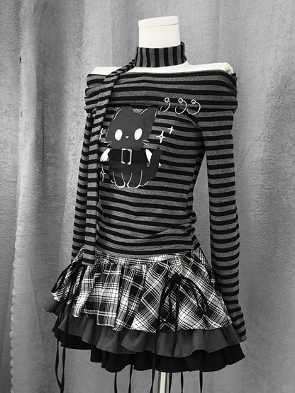 Y2K Black and White Plaid Tiered Skirt Bowknots Decoration
