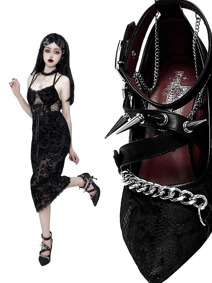 Spike Studs Coffin-shaped Buckles Black Lace Gothic Punk Stiletto Heels with Chains