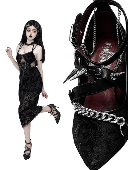 Spike Studs Coffin-shaped Buckles Black Lace Gothic Punk Stiletto Heels with Chains