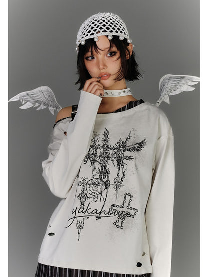 Y2K Apricot Asymmetrical Neckline Buckle Strap Glamorous Graphic Top