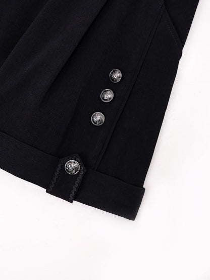 Ouji Fashion Silver Chains and Buttons Decorated High Waist Black Straight-leg Shorts