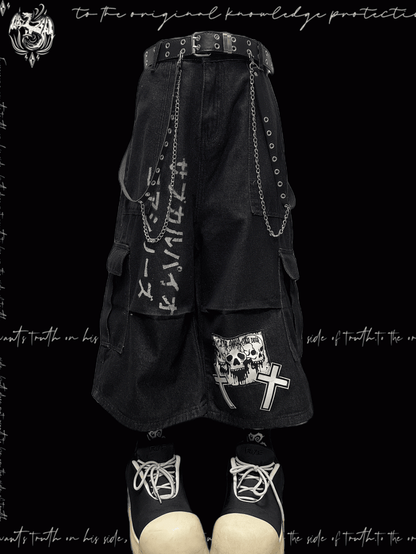 Dark Blue Skeleton and Cross Applique Punk Wide-Leg Cargo Jeans