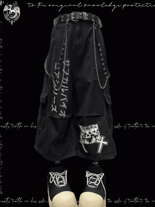 Dark Blue Skeleton and Cross Applique Punk Wide-Leg Cargo Jeans