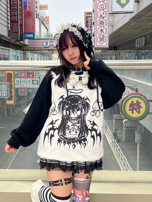 Black & White Evil Girl Print Devil Wing Design Sweatshirt