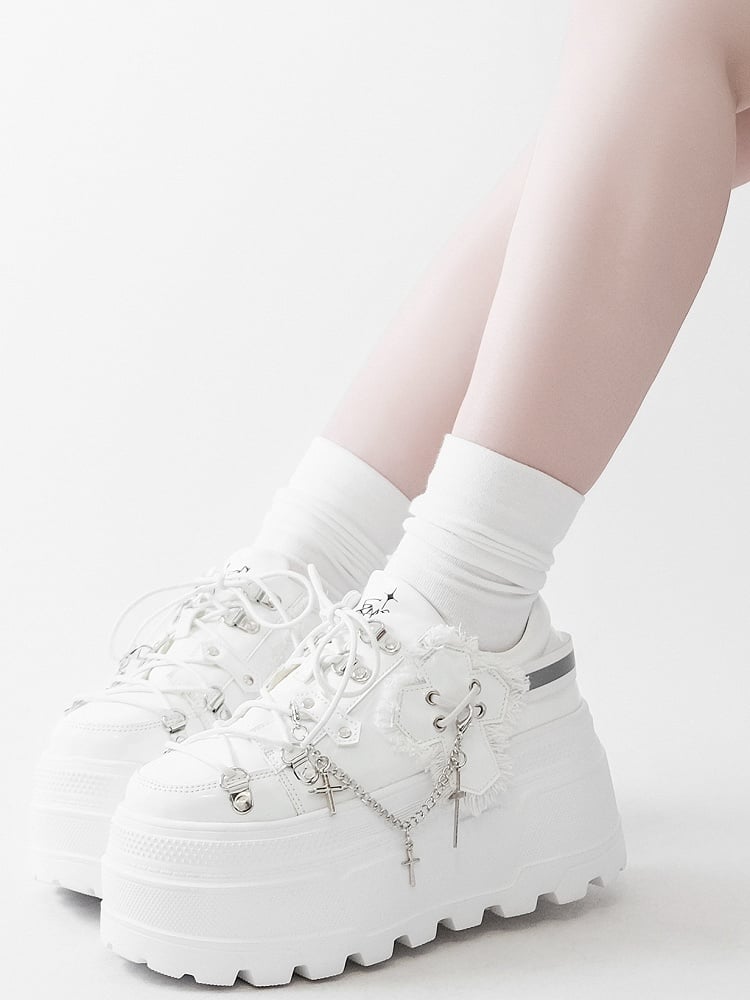 White Punk Front Lace-up Ties Design Platform Shoes With Detachable Cross Charm Chain