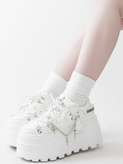White Punk Front Lace-up Ties Design Platform Shoes With Detachable Cross Charm Chain