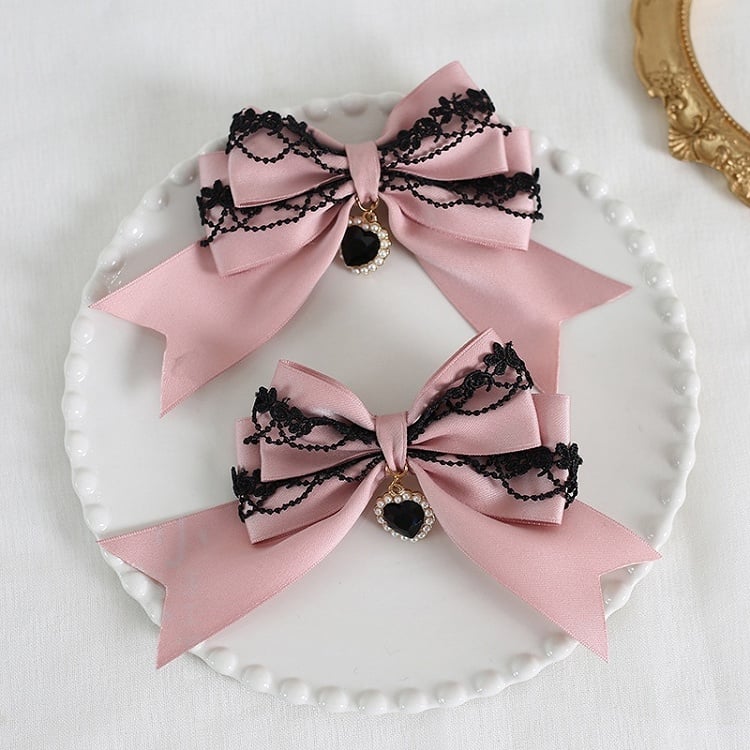 9 Colors A Pair of Bowknot Heart Charm Hairclips with Black Lace Decorations