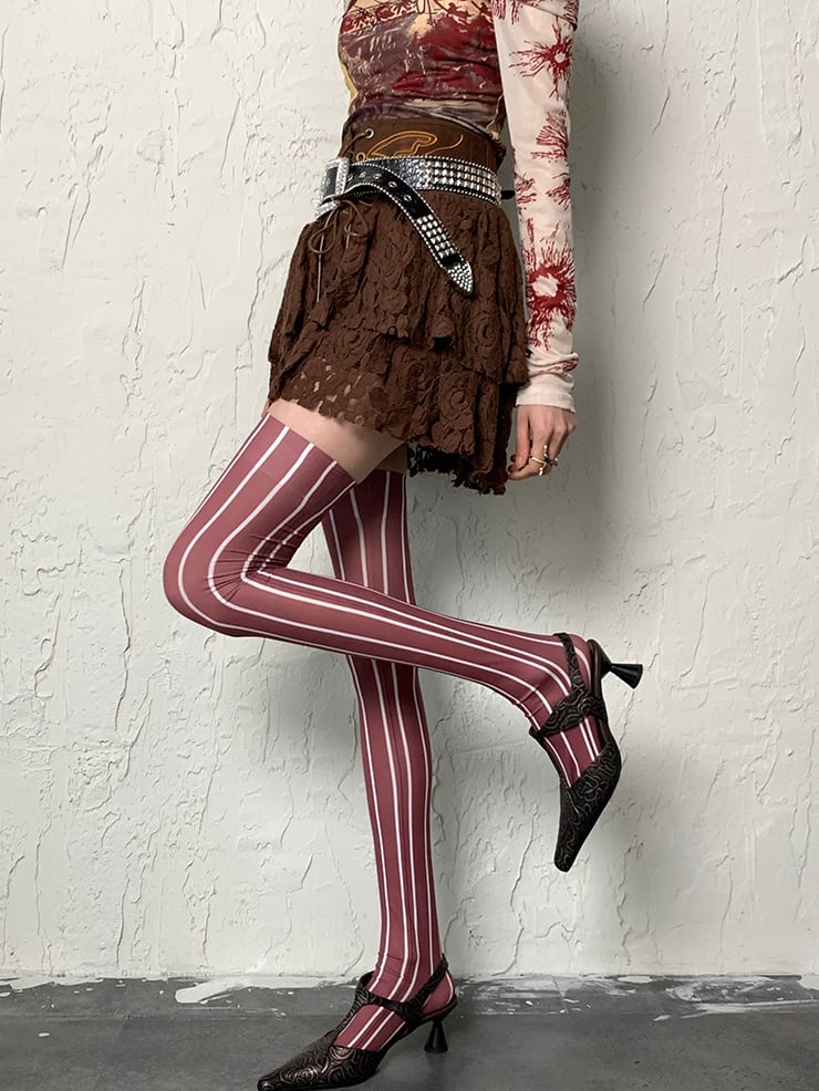 Brown Wasteland Punk Striped Pattern Overknee Stockings