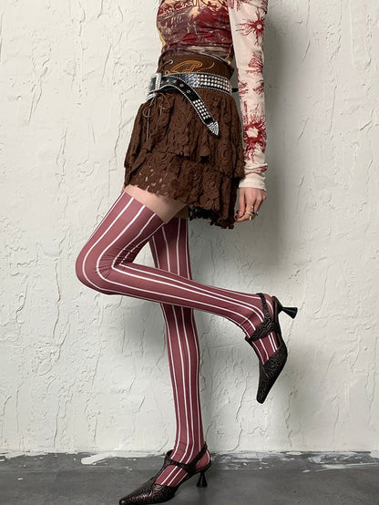 Brown Wasteland Punk Striped Pattern Overknee Stockings
