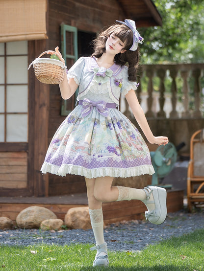 Cute Parrot and Grapes Print Sweet Lolita Short Sleeves Dress Fake Two-pieces Design