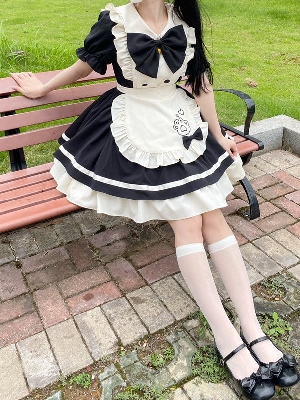 Clearance-Size M for Bust 92CM Black and White Sweet Maid Lolita Kitty Paw Embroidery Apron Dress