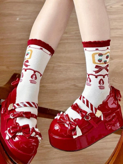 Red Strawberry Bowknot Print Lolita Calf Socks