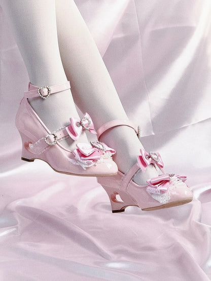 Light Pink Gyaru Fashion Heart Cut-out Wedge Heels Mary Janes Jirai Kei Shoes