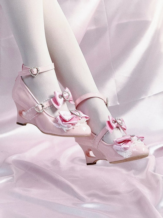 Light Pink Gyaru Fashion Heart Cut-out Wedge Heels Mary Janes Jirai Kei Shoes
