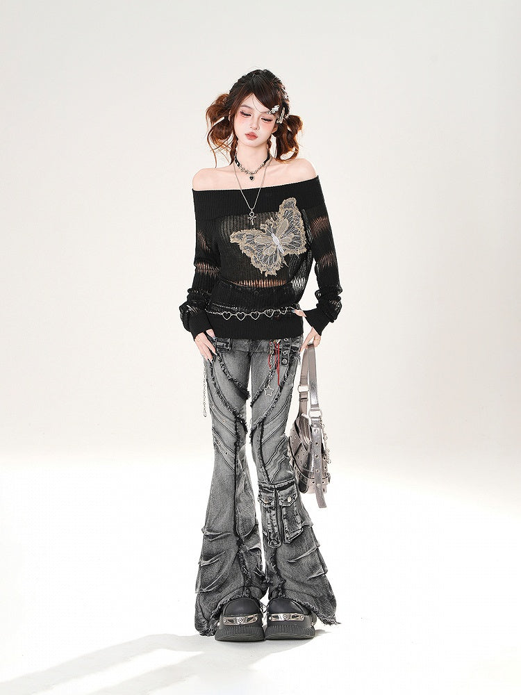 Raw Hem Denim Butterfly Applique Black Off-the-shoulder Neckline Coverup