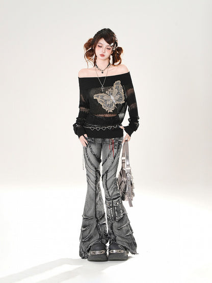 Raw Hem Denim Butterfly Applique Black Off-the-shoulder Neckline Coverup