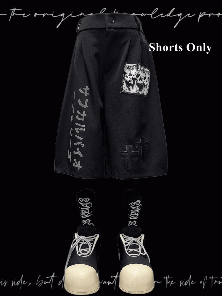 Punk Skeleton and Cross Appliques Black Wide-leg Shorts