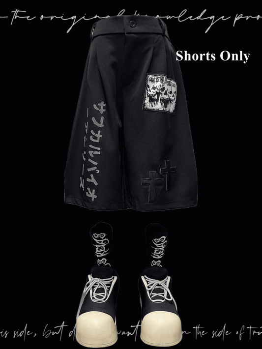 Punk Skeleton and Cross Appliques Black Wide-leg Shorts