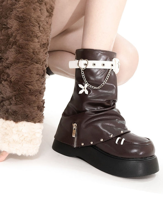 Dark Brown Punk Cross Decorated Heart Buckle Studs Details Platform Boots