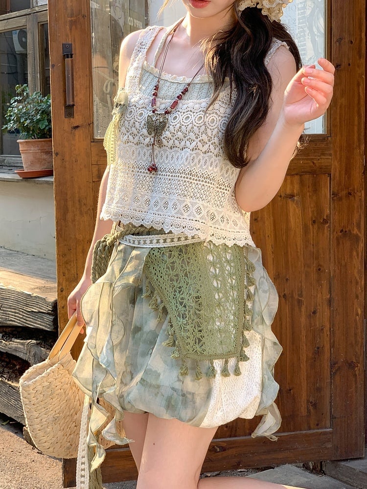 Mori Kei Green Elastic Waist Tie Dye Lace Patches Side Shorts