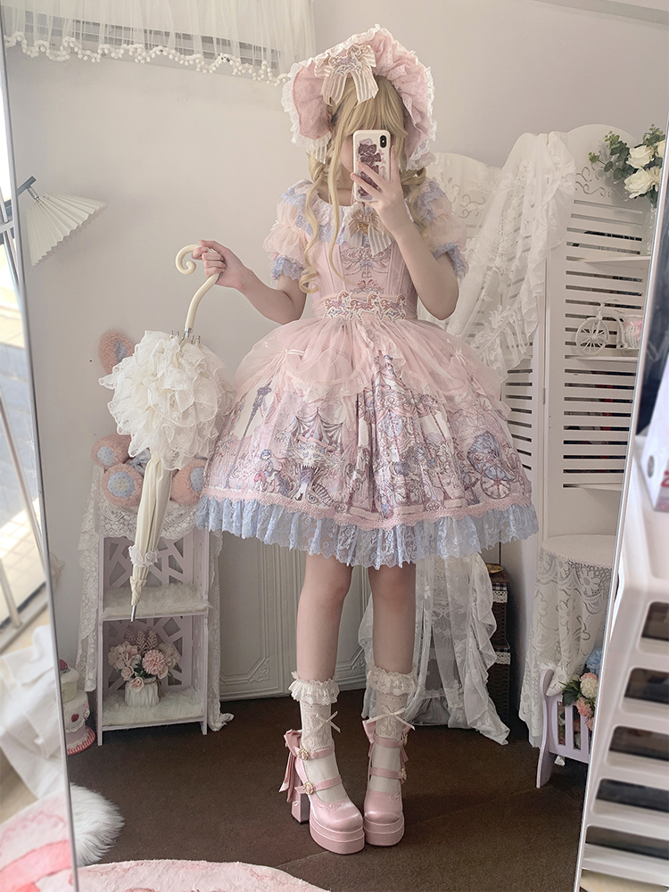 Pink Detachable Bowknot Lily of the Valley Embroidery High Block Heel Platform Mary Janes