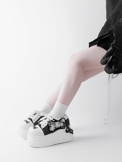 Black & White Punk Bone Applique Silver-tone Studs Platform Shoes
