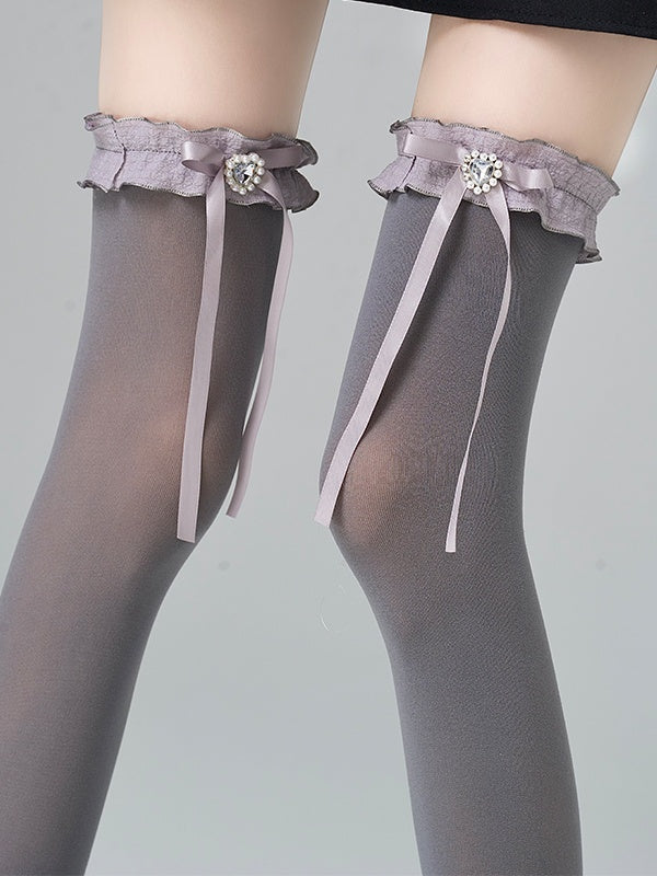 White/Grey/Black Jirai Kei Heart-shaped Rhinestone Bowknot Ruffled Cuff Overknee Stockings