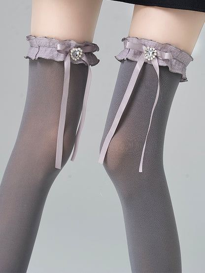 White/Grey/Black Jirai Kei Heart-shaped Rhinestone Bowknot Ruffled Cuff Overknee Stockings