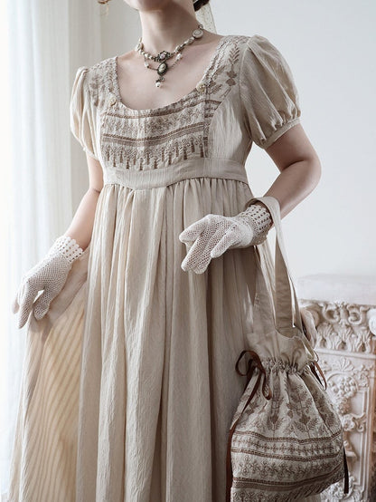 Foldover Design Neckline Brown Vintage Embroidery Empire Waist Elegant Lolita One Piece Long/Short Version