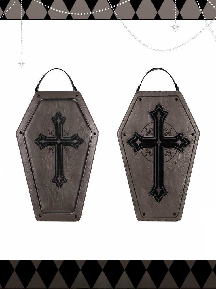 Gray Cross Decorated Coffin-Shaped 1/6 Scale BJD Doll Bag with Two Straps