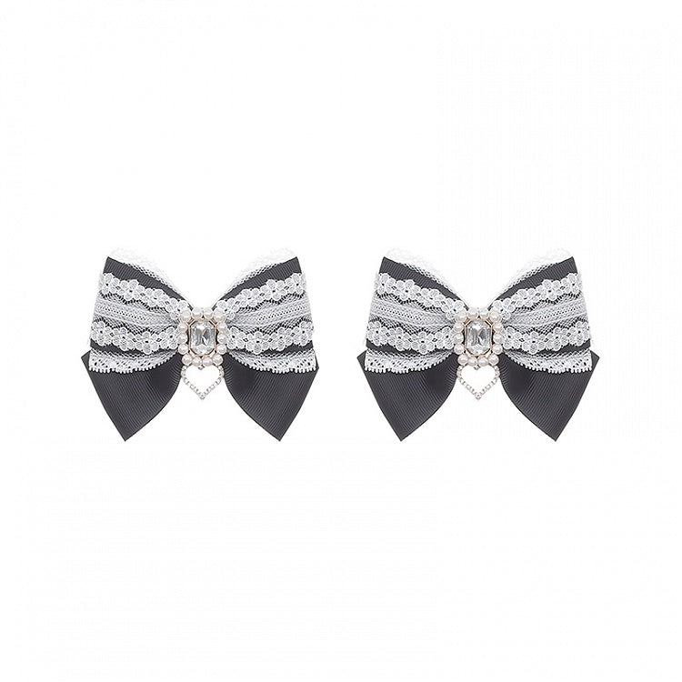 Jirai Kei Hairclips : Black Bow with White Lace & Square Rhinestone