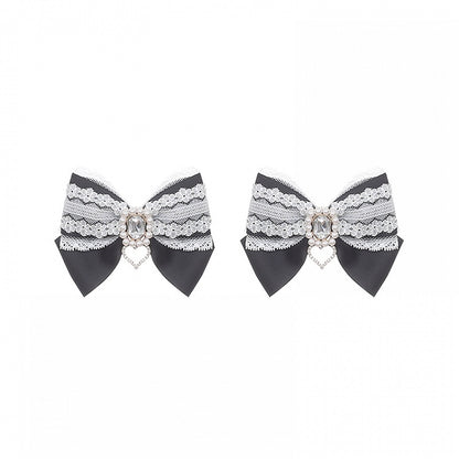 Jirai Kei Hairclips : Black Bow with White Lace & Square Rhinestone