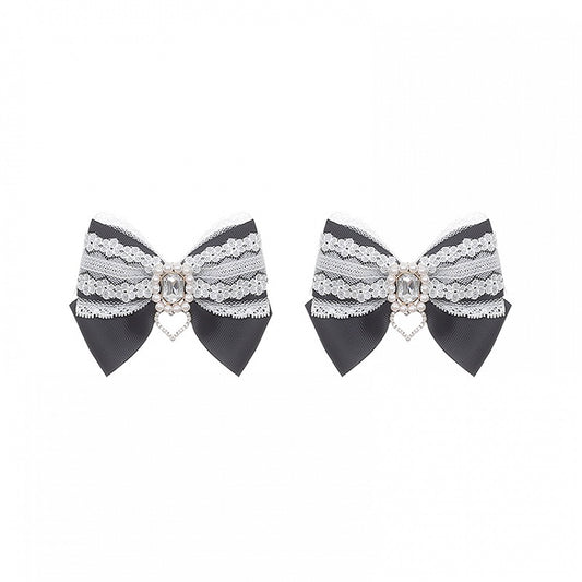 Jirai Kei Hairclips : Black Bow with White Lace & Square Rhinestone