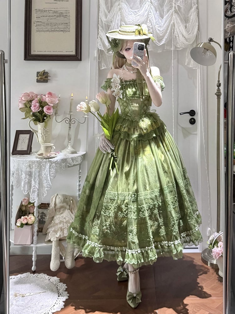 Green Classic Lolita Boned Basque Waist Top + Oil Painting Print Overlay Skirt