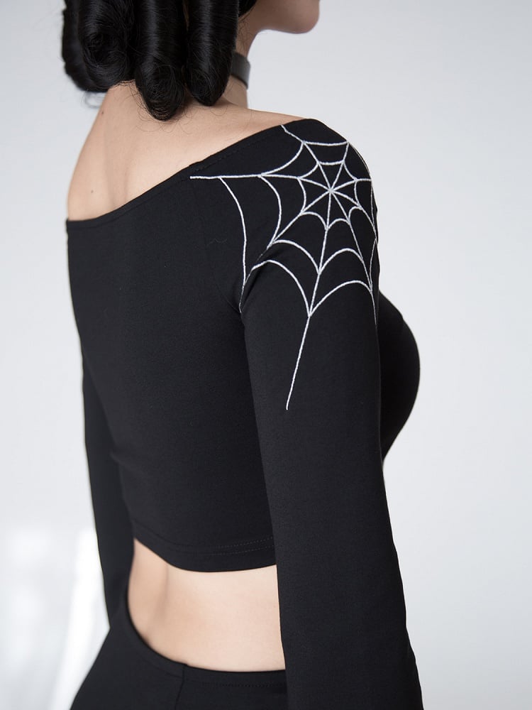 Gothic Black Spiderweb Embroidery Bell Sleeves Cropped Top