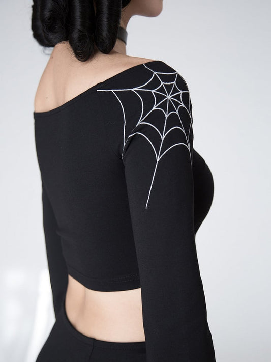 Gothic Black Spiderweb Embroidery Bell Sleeves Cropped Top