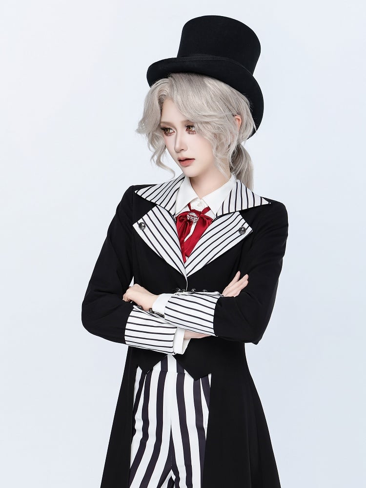 Ouji Fashion Clown Vibes White Striped Lapel Collar Black Tailcoat Halloween Outfit