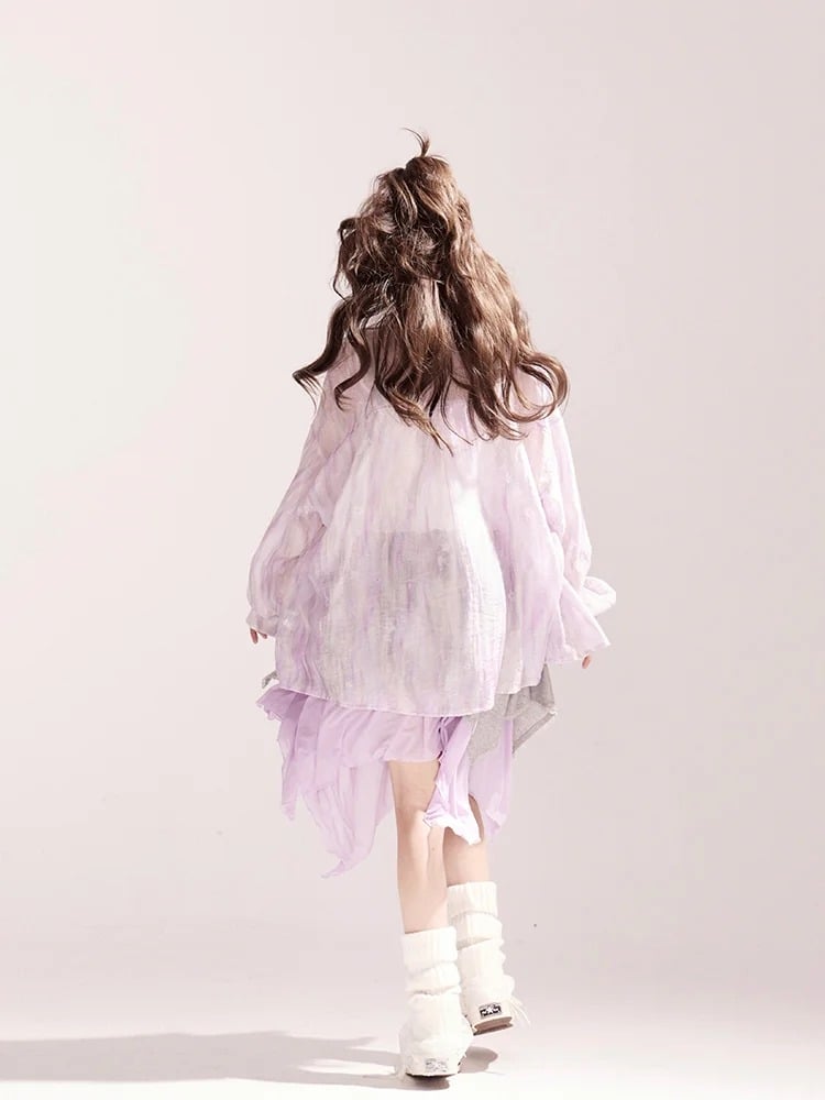 Light Purple Loose Shirt / Drawstring Waist Wide-leg Casual Pants