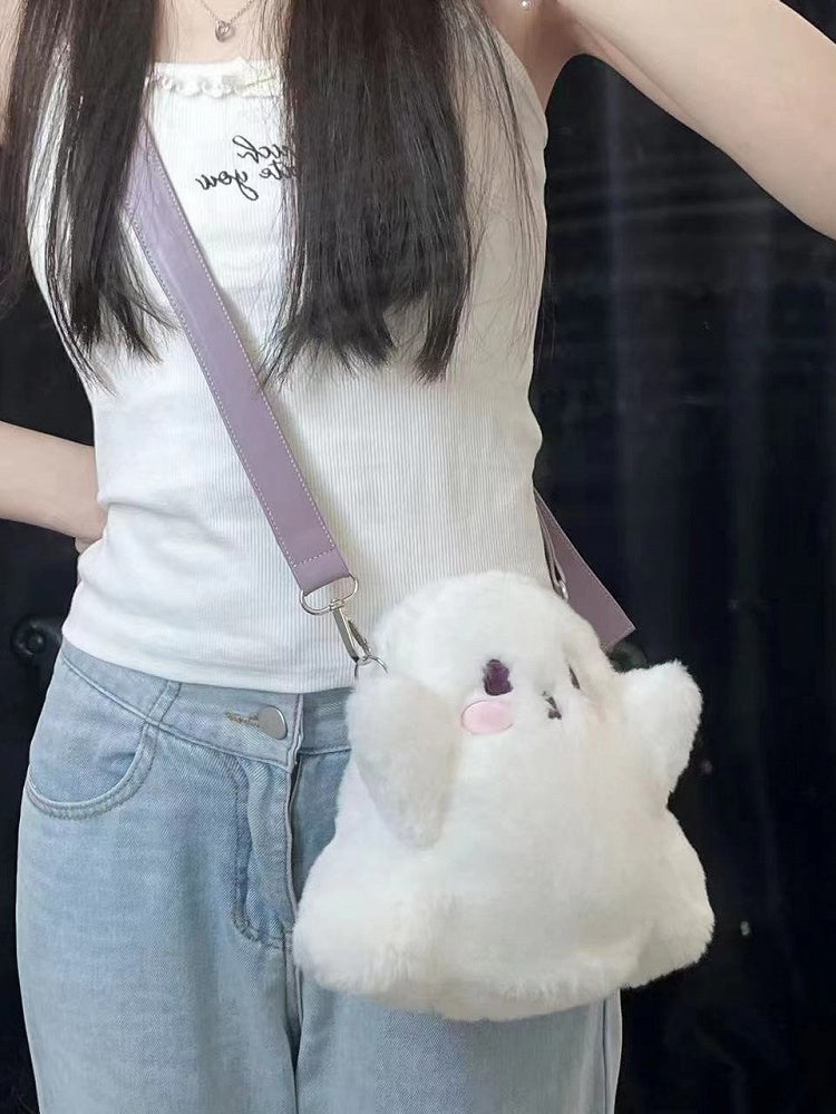 White Ghost-shaped Fleece Crossbody Bag With Taro Purple Straps