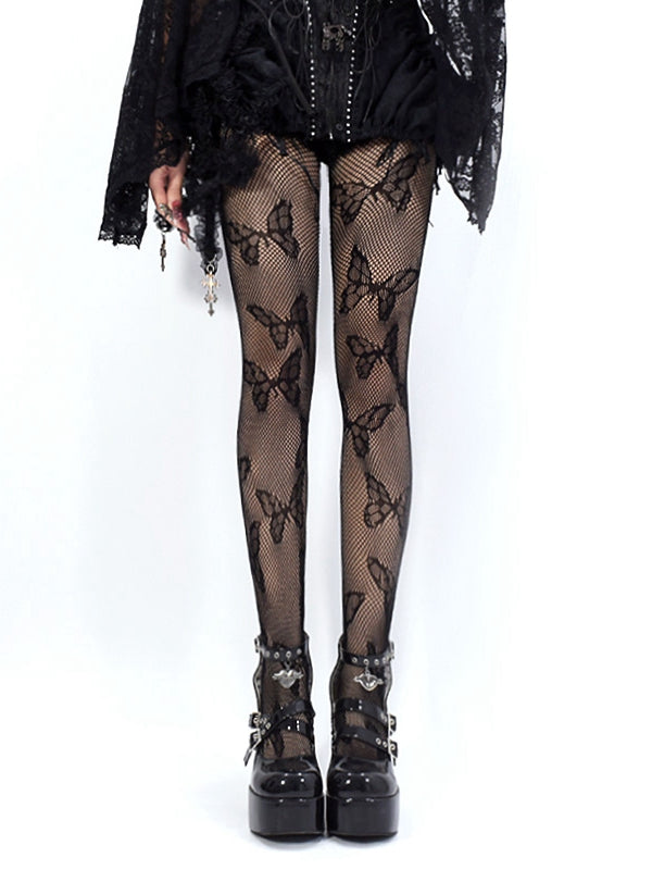 Black Butterfly Pattern Dark Punk Fishnet Tights