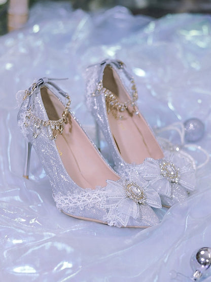 Silver Rhinestone Bowknot Detachable Beaded Chain Glittering 6CM/8CM Hime Lolita Heels