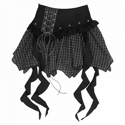Y2K Red & Black/Black & Gray Plaid Handkerchief Hem Skirt with Lace-up Detail