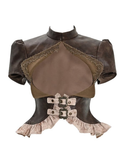 Brown Steampunk Open Bust PU Leather Banded Collar Top
