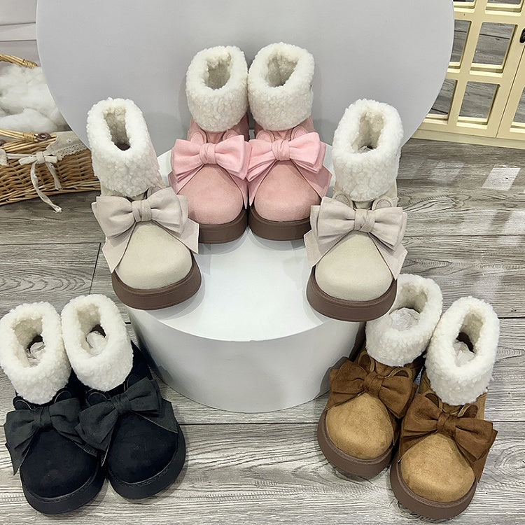 Beige Bunny Ear Design Bowknot Platform Winter Ugg Boots