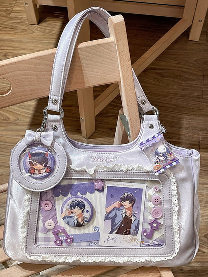 Kawaii Purple Satin Lace Trim Daily Ita bag with Card Holder Charm