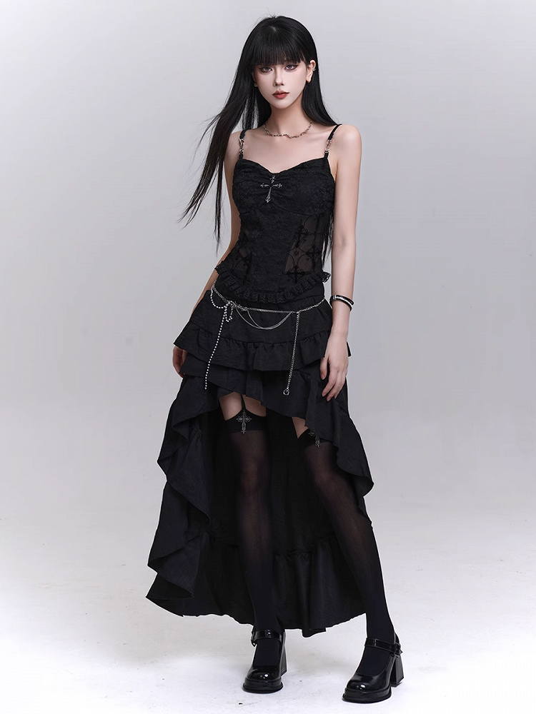 Black Lace Patches Waist Cross Decorated Cami Top with Beaded Chains