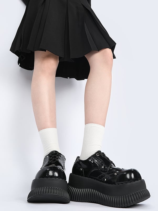 Black Bittersweet Platform Shoes - Studded Details & Lace-Up Design